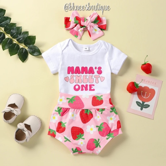 Babygirl Boutique Mama Sweet One Strawberry Fruit Bloomer Matching 3pc. Outfit - Picture 1 of 3